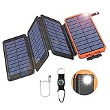 GOODaaa Solar Powerbank 25000mAh mit 4 Faltbar Solarpanels Tragbares Solar Ladegerät Outdoor 5V/2.1A USB Ausgänge Notfall-Energie Externer Akku mit Taschenlampe Kompass für Cellphones Tablet (Orange)